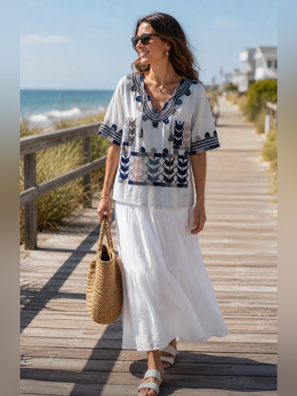 Mi Golondrina Embroidered Tunic Top Pin Stripe Gray White Blue Size Medium